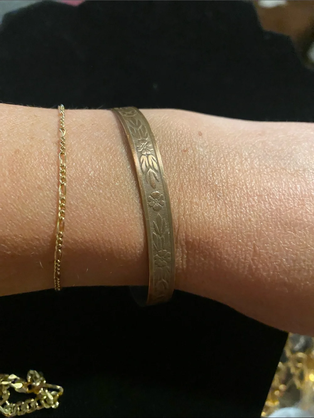 Engraved Copper Cuff Bracelet with Verdigris Interior